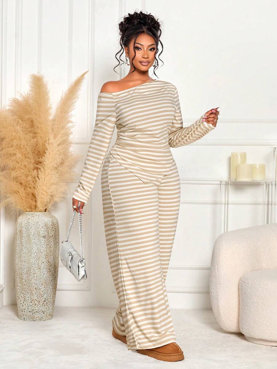 BIUBIU Plus Size Women Casual Asymmetric Shoulder Striped Top + High Waist Wide Leg Pants 2 Pieces Set, Warm & Slimming For Autumn/Winter