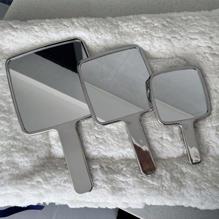 Espelho de Maquiagem Portátil Redondo/Quadrado com Cabo Cromado (1 unidade) - Design Criativo e Brilhante - Ideal para Presentear Amigos, Decorar Quartos, Formaturas e Festas - Prata - Ver 1