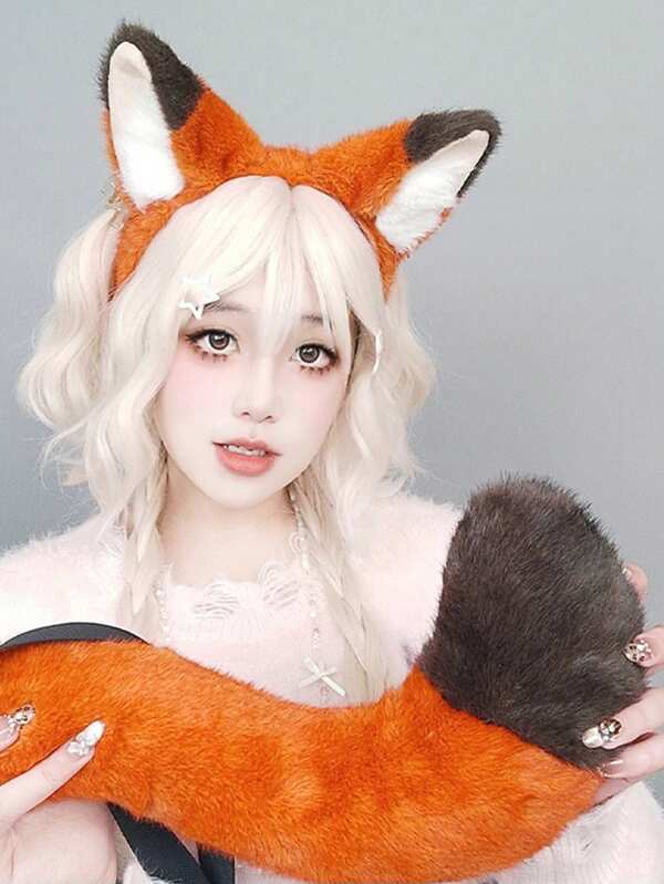 ROMWE Kawaii 1 Set Plush Fox Ear Headband And Tail, Suitable For Halloween, Parties, Anime Conventions As Plush Animal Cosplay Accessories