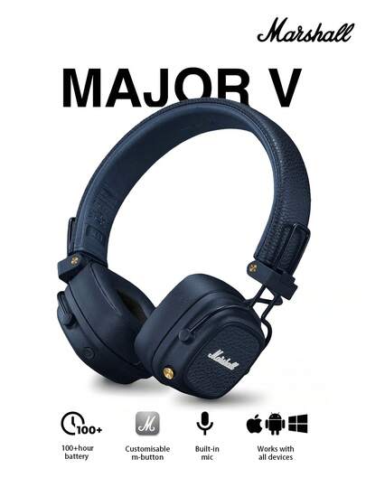  Auriculares inalámbricos Bluetooth Major V, con la icónica calidad de sonido de Marshall, batería de 100 horas de duración, construcción duradera, diseño plegable, compatible con carga inalámbrica, ligero y portátil, adecuado para viajes, ejercicio, juegos y música