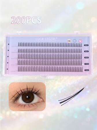 200 racimos de pestañas individuales con forma de A, con rizos talla grande largos, pestañas DIY personales de diferentes longitudes, 8mm/9mm/10mm/11mm/12mm, pestañas naturales y suaves hechas a mano para uso diario, pestañas segmentadas de manga para racimos de pestañas de viaje, racimos de pestañas, pestañas individuales, pestañas postizas