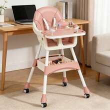 BITORQUATOS 5-In-1 Protable Baby High Chair With Tray, Toy Rack & Storage Basket, Adjustable Feeding Seat With PU Cushion And Wheels (Pink) - Pink - View 7