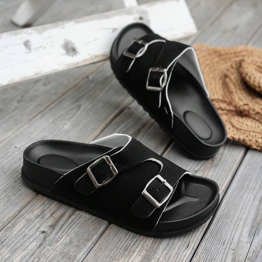 Men's Casual Solid Black Slip-On Mule Shoes With Dual Buckles Men's PU Leather Slip-On Sandals With Anti-Slip Rubber Sole, Men's Breathable Perforated Slides
