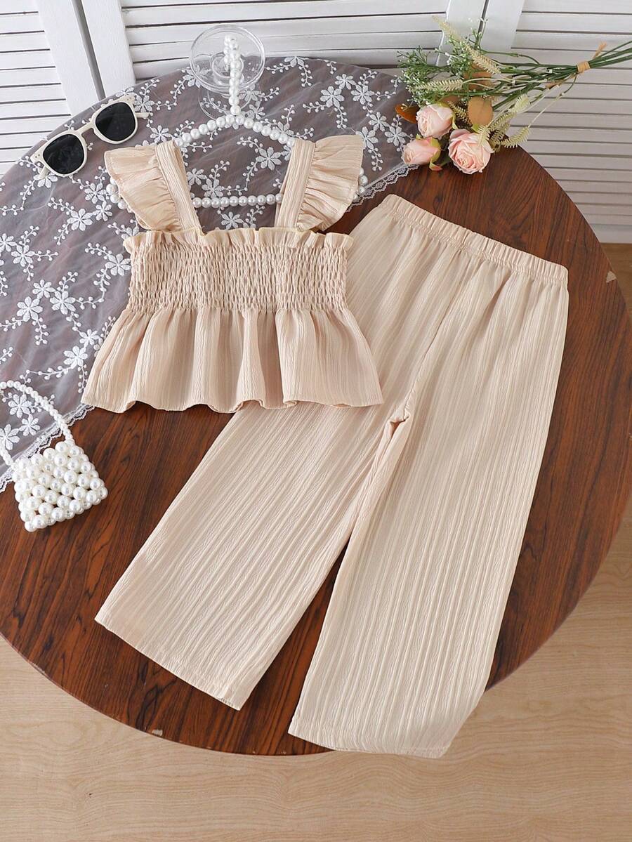 2件套女童夏季吊带背心上衣和裤子套装 - 黃色 - 查看 1