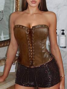 Sexy Bustier Top, PU Leder Taillenformer Crop Top, Schnürung Vorne mit Metallösen, Rückenfrei Korsett Top, geeignet für Valentinstag, Karneval, Silvester Party Frühling - Braun - Übersicht 5