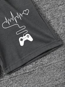 适合年轻女孩的电子游戏图案印花短袖T恤和短裤套装 - 深灰色 - 查看 6