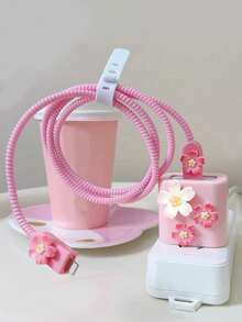 5pcs/Set Pink Sakura Charging Cable Protector, Compatible With IPhone 14 Data Cable Winding Protector, 20W Charger Protective Case,Gifts For A Girlish Heart, Gifts For Your Girlfriend, Christmas Gifts