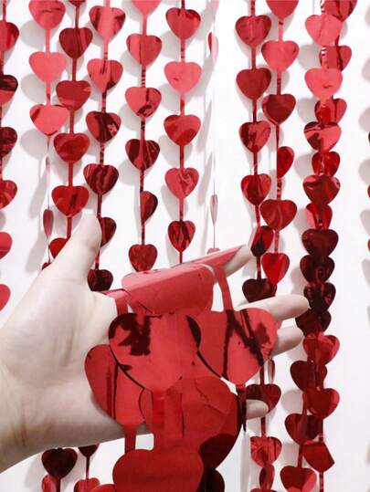 1pc Red Heart Shaped Aluminum Foil Curtain, Aluminum Foil Tassel Ribbon Curtain, Photography Backdrop, Suitable For Singles Party, Bridal Shower, Wedding, Engagement And Valentine's Day Party Decoration