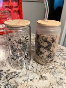 十二生肖磨砂玻璃吸管杯（带竹盖和吸管），高温烧制印花，冷饮/果汁吸管杯，热饮吸管杯，户外旅行大容量水杯，精致可爱的奶茶杯，有磨砂和透明两种版本可选，高品质抹茶吸管杯 - 最佳礼品之选！ - 彩色 - 查看 4