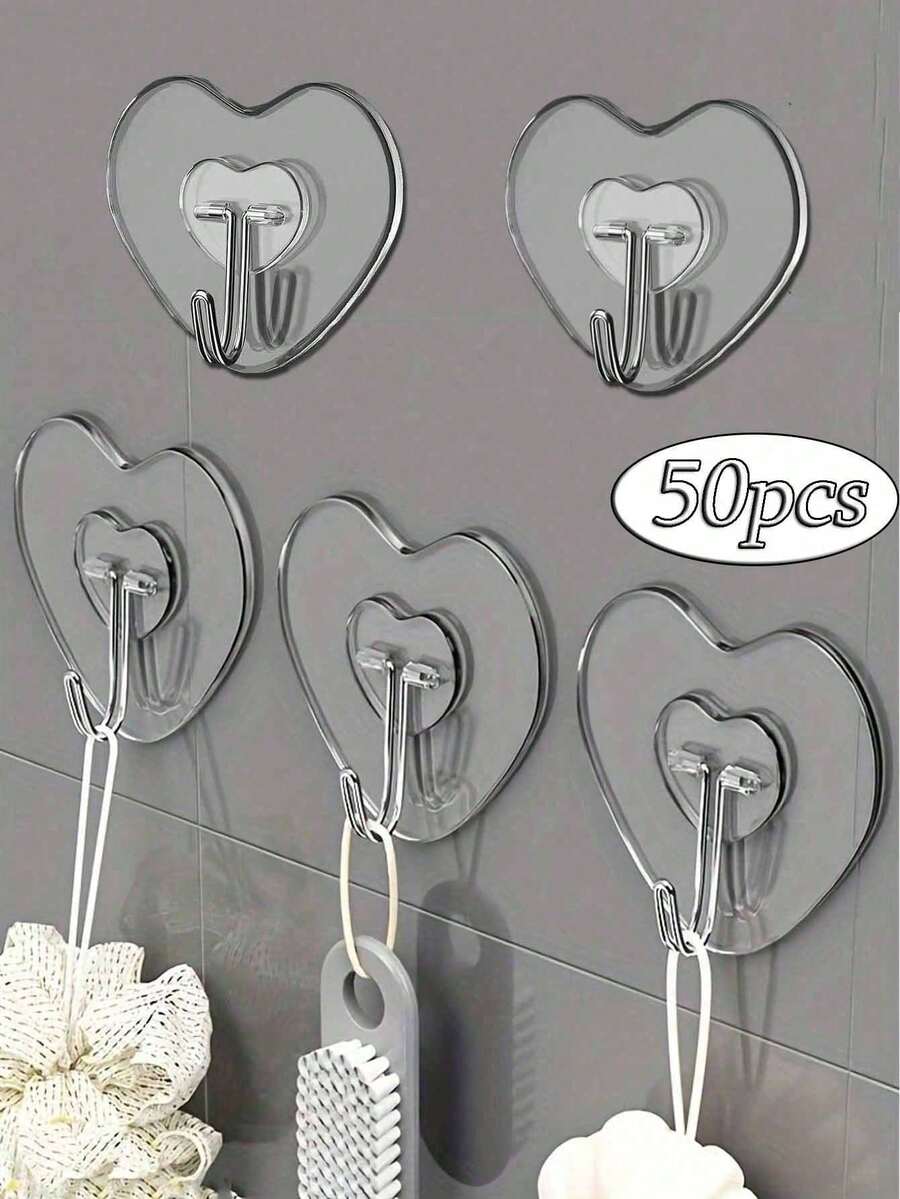 50pcs Strong Adhesive Clear Wall Hooks - Casual Style, Easy To Install, No Drilling Required, Plastic Heart Shaped Utility Hooks For Kitchen And Bathroom, Wall Mounted Storage Organizer