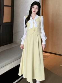 Y6Y Spring New French Style Bowknot Design Long Sleeve High-End Dress For Women - Yellow - View 6