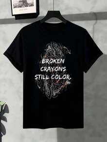 Camiseta de hombre con motivo abstracto de primavera, algodón suave, corte cómodo, informal, transpirable. - Negro - Ver 2