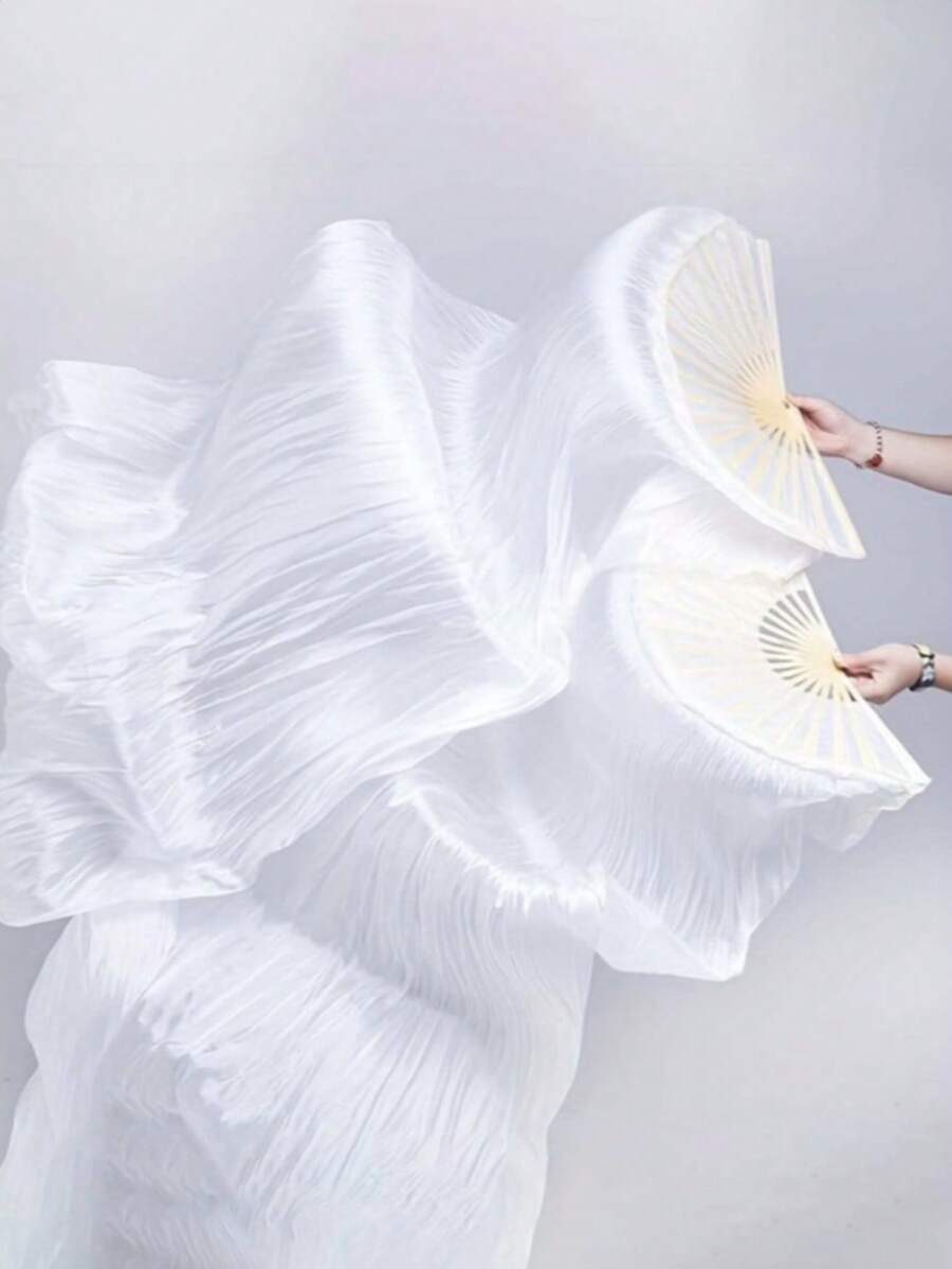 1pc Elegant White Belly Dance Fan With Long Bamboo Tassel - Right Hand Style, Flowing Ribbon Silk Material, Suitable For Parties, Performances And Cultural Events