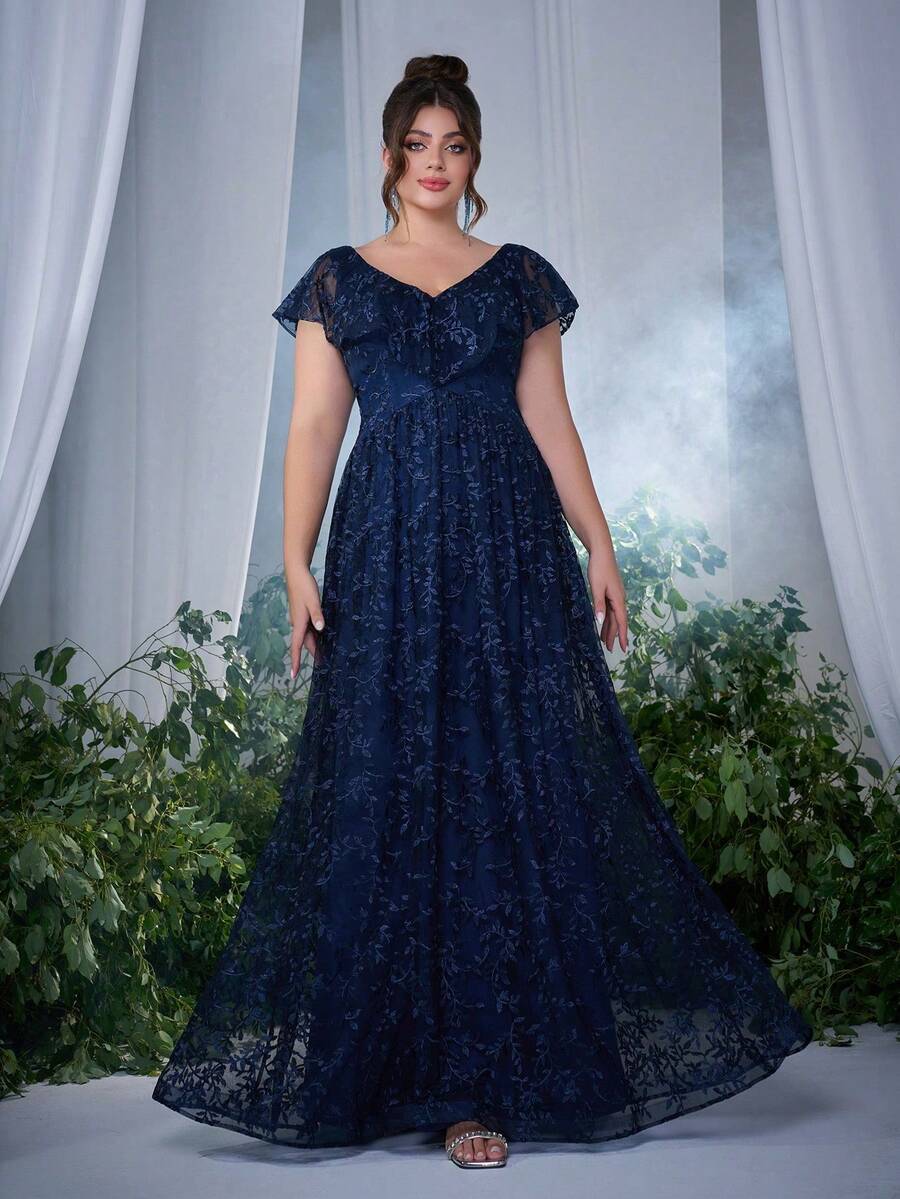 V领荷叶领刺绣蕾丝长裙 - 藏蓝色 - 查看 1