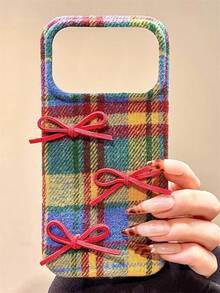 秋冬季可爱3D蝴蝶结彩色格纹毛绒刺绣手机壳，兼容 17 Pro Max/17 Pro/17/16/15/14/13 Pro Max，奢华创意设计，防震后盖，礼品之选 - 格紋 - 查看 3