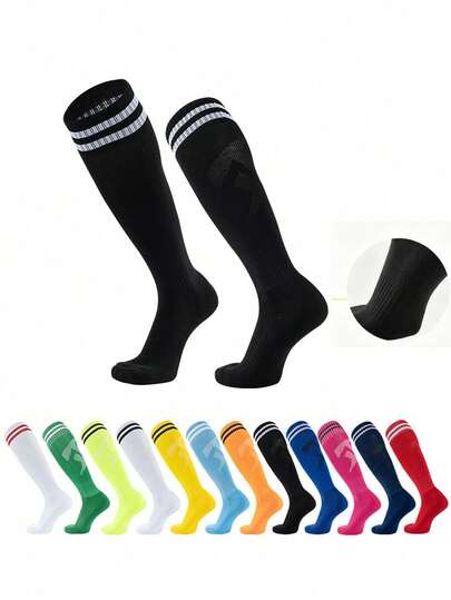 儿童加厚条纹足球袜一双，简约过膝运动袜，柔软轻便透气防滑吸湿，适合7-12岁儿童户外运动及日常穿着，秋冬季款