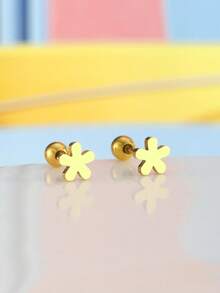1 Pair Minimalist Elegant Gold Stainless Steel Small Flower Decorative Earrings, Suitable For Ear Piercing, Children's Jewelry Accessories, Party Decor, Also A Great Gift For Family And Friends