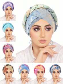 1pc New Fashion Women Tie-Dye Braided Turban Hat, Tie Dye Color Headband Cap, In Europe And America Hair Sleep Cap Sleep Bonnet - Multicolor - View 9