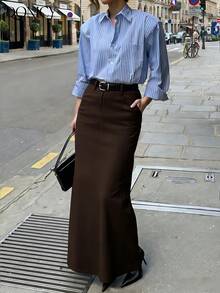 DONICY 优雅的棕色阔腿裤，适合春夏穿着，完美适用于办公室或正式场合，高腰设计，经典修身版型，是节日派对或商务会议的理想之选。情人节、狂欢节也同样适用。 - 棕色 - 查看 5