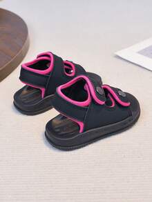 1 Pair Unisex New Style PU Hook And Loop Design Flat Cute Sandals, Soft Bottom Non-Slip Baby Beach Shoes, Suitable For Summer - Black - View 9
