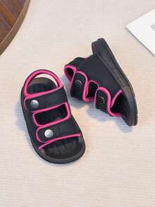 1 Pair Unisex New Style PU Hook And Loop Design Flat Cute Sandals, Soft Bottom Non-Slip Baby Beach Shoes, Suitable For Summer - Black - View 8