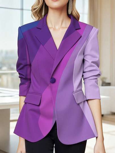 HOMEYEE Vintage Contrast Color Print Blazer Jacket, Elegant For Casual, Commute, Vacation, Business Wear