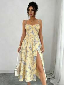 Floral Print Bohemian High Slit Zipper Front Dress, Suitable For Weddings, Spring/Summer Vacation Elegant - Pale Yellow - View 6