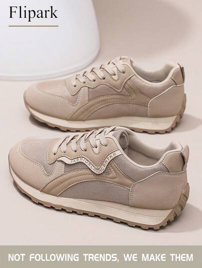 Flipark 1 Pair Women's Tennis Shoes, Ladies Tennis, Khaki Retro Style Sneakers, Mesh & Leather Patchwork Thick Sole Casual Sports Shoes, Versatile For Daily Commute