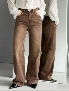 2026新款棕色咖啡色女式牛仔裤，宽松阔腿百搭牛仔裤，休闲日常穿着