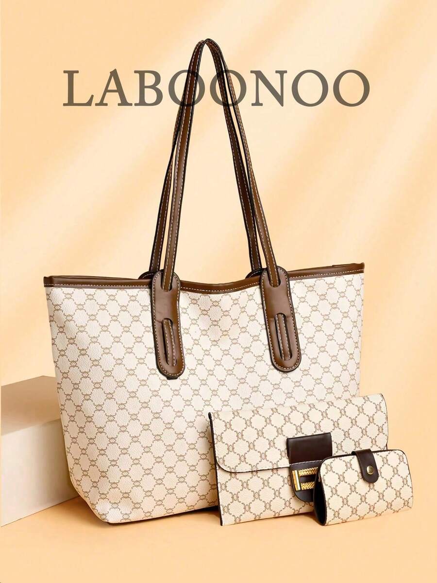Juego de 3 piezas de bolso de mano, bolso de hombro y bolso de mano con cremallera de cuero de PU a cuadros, elegante y versátil, adecuado para uso diario de mujeres, de gran capacidad, bolso elegante para damas de mediana edad - Blanco - Ver 1