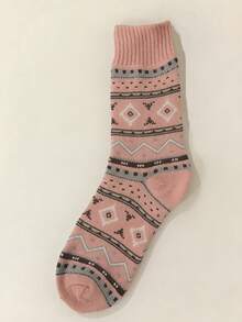 1双/5双女士新款秋冬厚款保暖复古几何图案袜子，男女情侣款，时尚百搭中筒袜