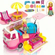 Portable Campervan Toy Set, Role-Playing Scene Dollhouse Mini House, Family Toy, Openable Miniature Campervan, Dollhouse, Role-Playing, Suitable For Girls Aged 3, 4, 5, And 6 As Gifts, Holiday Surprises, Growth Rewards, And Educational Toys. - Pink - View 5