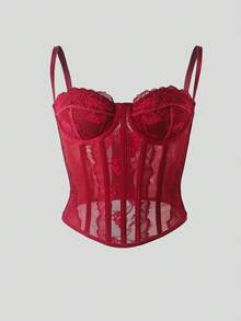 Body de encaje y malla sexy sin espalda para mujeres, camiseta sin tirantes de modelado para el verano - Burdeos - Ver 7