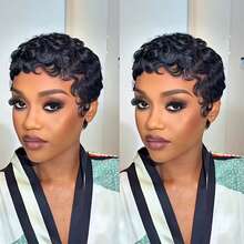 1B Black & 99J Wine Red Curly Wavy Short Wig, 100% Human Hair Pixie Cut Wig, Layered Pixie Short Wig With Bangs, Realistic Lace-Free Full Machine Wefted Wig, Suitable For Daily Wear