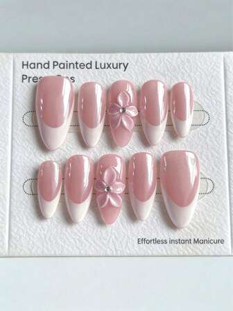 10pcs French Powder Handmade Press-On Nails, Almond Shape, Glossy And Moisturizing, Shiny Powder, French With 3D Pinch Flowers, Simple And Gentle, Suitable For Girls' Daily Life, Dating Nail Decoration, With Jelly Glue And Nail File