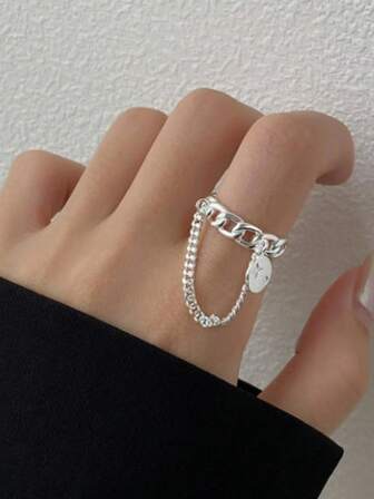 1pc Fashionable Hollow Chain Star Circular Pendant Ring, Personalized Charm Rings
