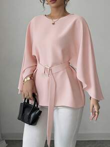 大码女式圆领斗篷袖针织上衣，配腰带和金属可调节扣，适合上学、办公、日常穿着、节日庆典、四季皆宜、圣诞节等场合。 - 藕粉色 - 查看 2