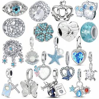 1pc Silver Beaded Pendant, Featuring Shapes Such As Hearts, Butterflies, Earth, Turtles, Crowns, Sea Stars, Snowflakes, Stars, Four-Leaf Clovers, Eyes, Etc. Suitable For Decorating Bracelets, Necklaces Or For Personalized DIY Decoration.