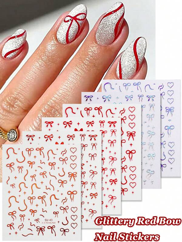 6/2片装红色蝴蝶结美甲贴纸，激光闪光红色蝴蝶结线条星星可爱美甲图案自粘美甲贴纸，新年情人节，Y2K魅力卡哇伊美甲装饰，DIY美甲沙龙用品