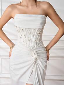 New Sexy Strapless White Pearl Bridal Gown, Formal Dress Suitable For Holiday Party, Wedding Guest, Prom, Birthday Party, Formal Dinner, Date, Homecoming, Family Gathering - White - View 3