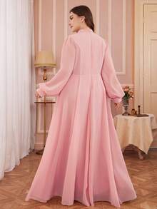 Plus Size Damklänning Enfärgad Elegant Pärlbroderad Frontpanel Långärmad Med Volangfåll Bröllop Rosa Vårfest - Rosa - Visa 3