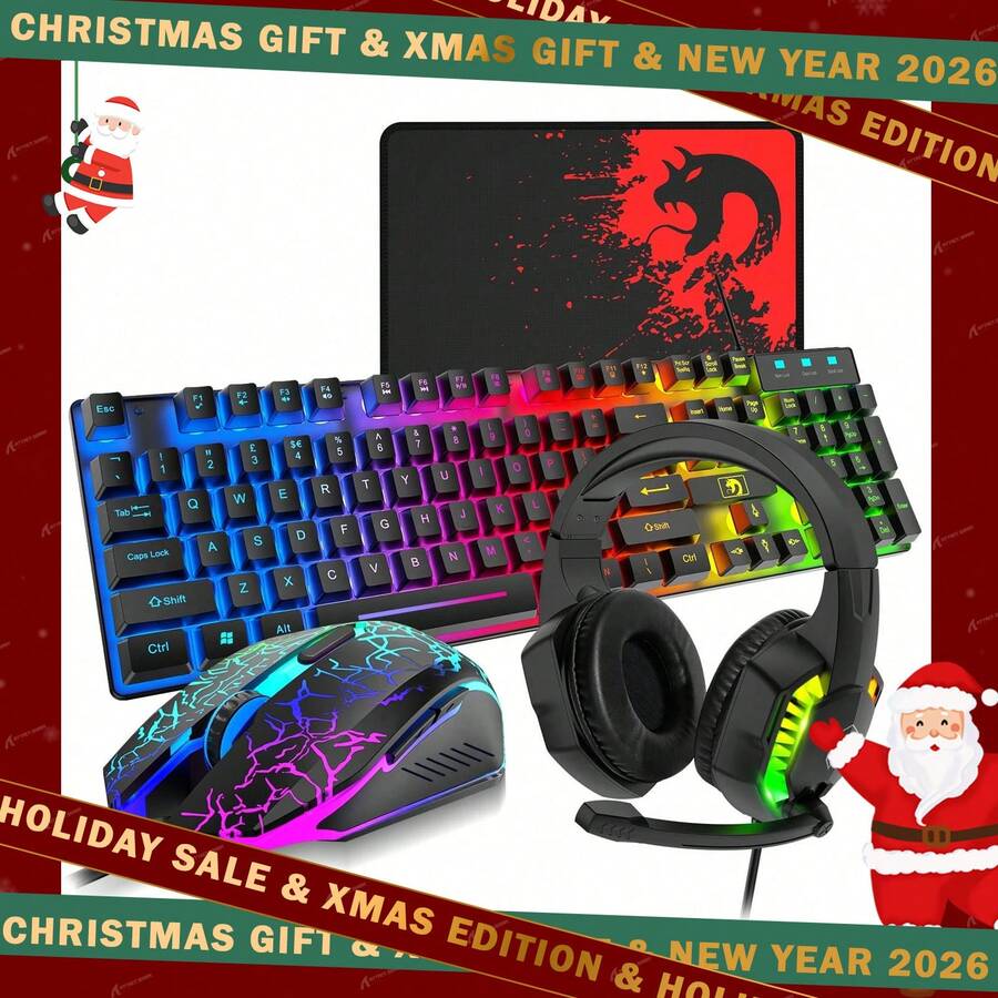 ATTACK SHARK*MANNBASNAKE 有线游戏键盘鼠标耳机套装，彩虹背光有线键盘，带麦克风耳机，彩虹背光游戏鼠标，鼠标垫，兼容PC和笔记本电脑 - 黑色 - 查看 1