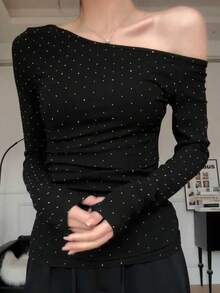 女士露肩长袖T恤，美式设计，修身叠穿上衣，秋季款 - 黑色 - 查看 3