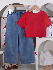 Conjunto de camiseta con estampado de mariposa y pantalones anchos con decoración de mariposa para niñas, conjunto de moda de verano - Rojo - Ver 2