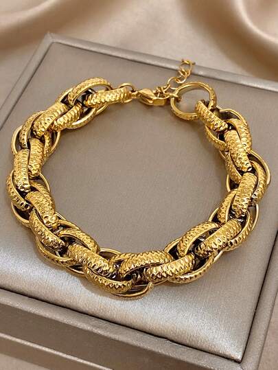 1条18K镀金不锈钢复古粗链手链，适合女性佩戴，可作母亲节礼物、圣诞节/嘉年华/冬季饰品、婚礼/舞会/派对/日常配饰、周年纪念/情人节波西米亚风饰品、生日/伴娘礼物。