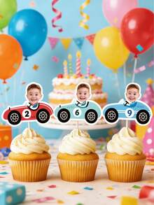 10/25/50/100个个性化赛车照片纸杯蛋糕装饰，人脸纸杯蛋糕装饰，男孩定制赛车纸杯蛋糕装饰，赛车男孩生日派对装饰，趣味装饰