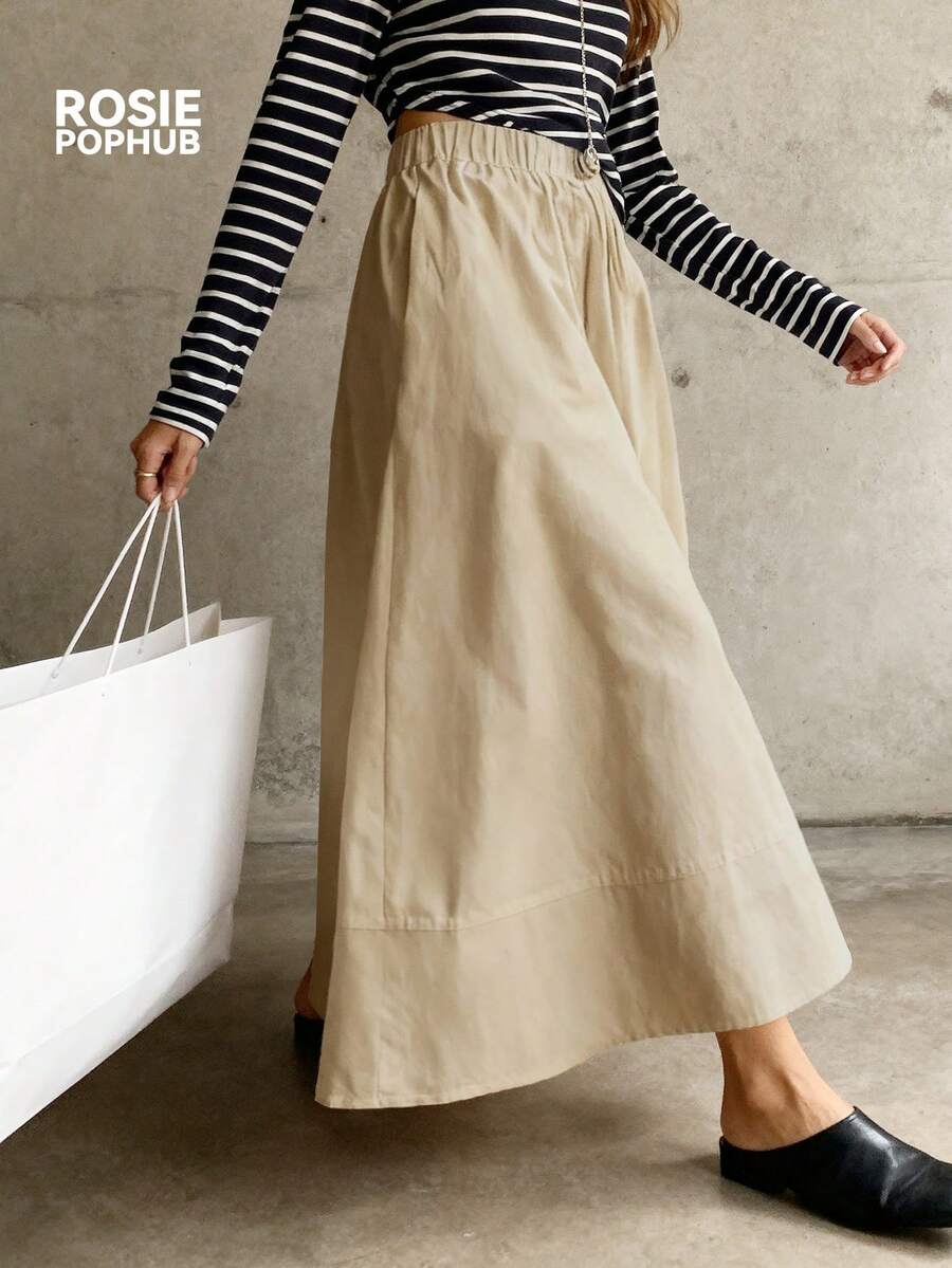 ROSIE POPHUB 女士卡其色休闲百搭A字裙，优雅学院风，适合音乐节、婚礼季、户外活动，春夏秋冬皆宜。