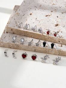 9双哥特风蕾丝十字、心形、星星、蜘蛛、骷髅、油滴、星星、心形、蜘蛛网、樱桃心形图案时尚百搭派对袜套装 - 多色-16 - 查看 9