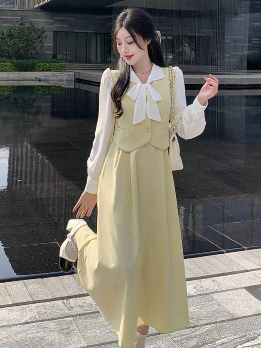 Y6Y Spring New French Style Bowknot Design Long Sleeve High-End Dress For Women - Yellow - View 1
