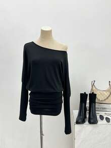 Women's Y2K Solid Color Ruched Asymmetric Shoulder Long Sleeve Fitted Mini Dress, Suitable For Valentine's Day, New Year Occasions - Black - View 6